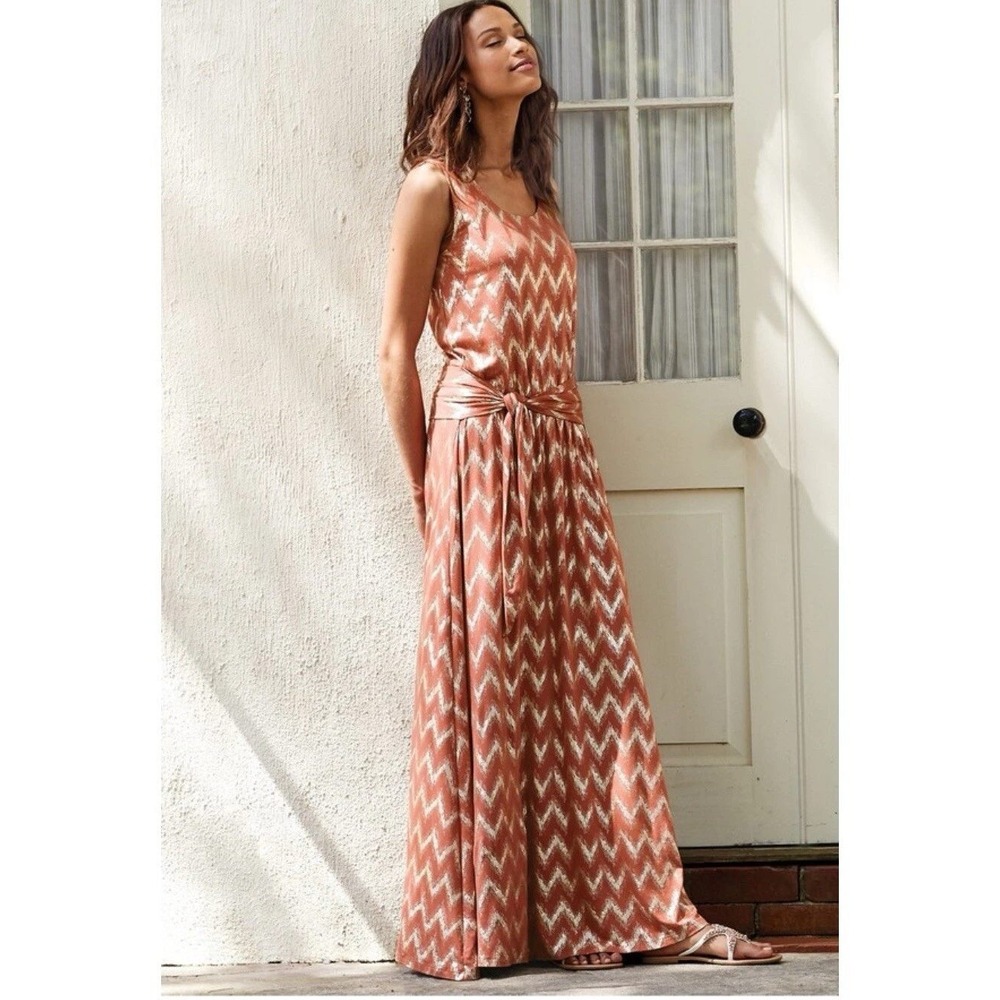 Soft Surroundings Maxi Dress M Rust Gold Metallic Chevron Jersey Boho Vacation‎